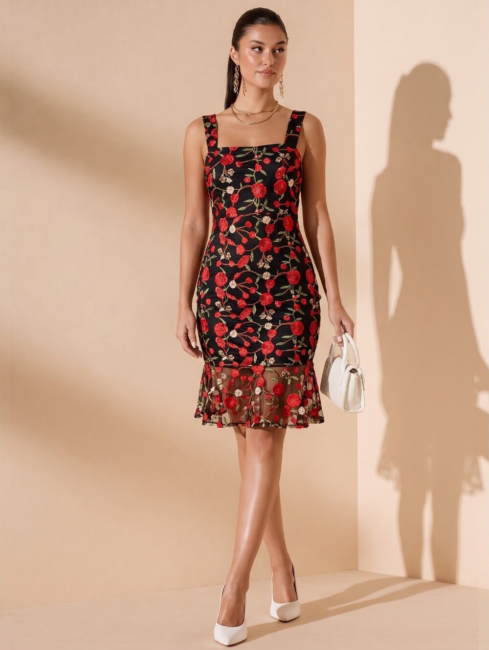 Impressions Women's Black Floral Embroidered Sheer Ruffled Midi Dress Sz M
